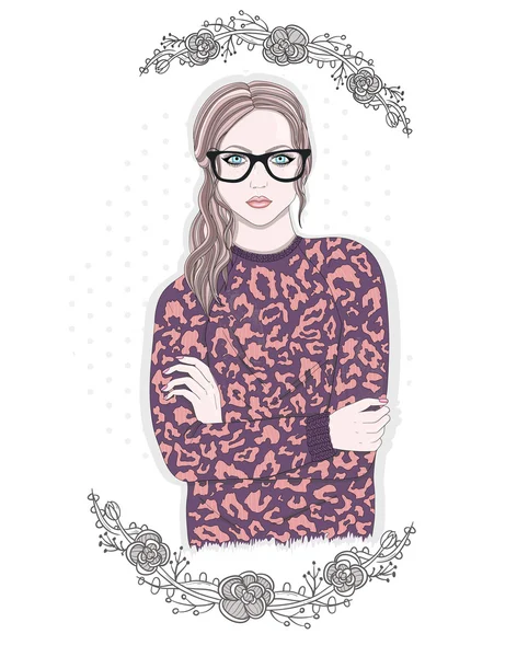 Εικονογράφηση κορίτσι της μόδας της νεανικής μόδας. Hipster κορίτσι με τα γυαλιά και f — Διανυσματικό Αρχείο