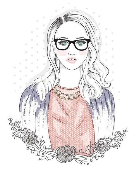 Giovane ragazza di moda illustrazione. Hipster ragazza con gli occhiali e f — Vettoriale Stock