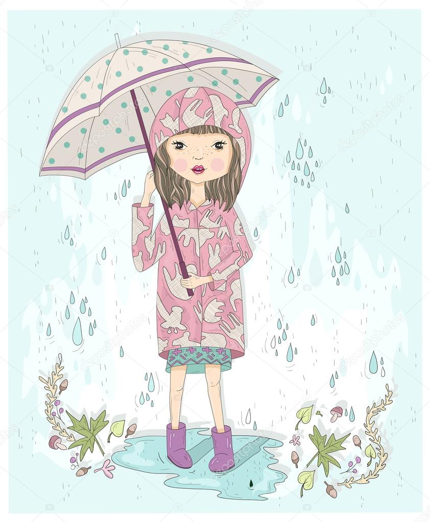 Cute little girl holding umbrella. Autumn background with rain, 