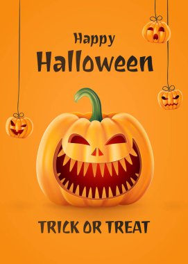 Cadılar Bayramı geçmişi, komik balkabakları. Parti ve satış için tebrik kartı. Sonbahar tatili. Vektör illüstrasyonu EPS10.