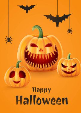 Cadılar Bayramı geçmişi, komik balkabakları. Parti ve satış için tebrik kartı. Sonbahar tatili. Vektör illüstrasyonu EPS10.