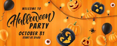 Cadılar Bayramı geçmişi, komik balkabakları. Parti ve satış için tebrik kartı. Sonbahar tatili. Vektör illüstrasyonu EPS10.