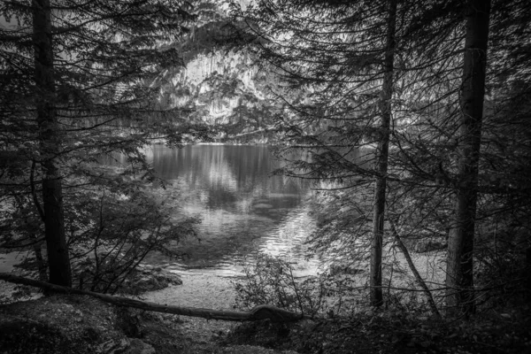 Dağların siyah ve beyaz etkisi Braies gölüne yansıyor. — Stok fotoğraf