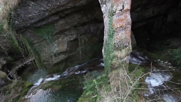 Effet cinématographique d'un ruisseau qui descend dans une gorge rocheuse avec grottes — Video