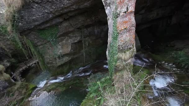 Mağaraları ve kaya kolonları olan kayalık bir vadiye inen derenin üst görüntüsü — Stok video