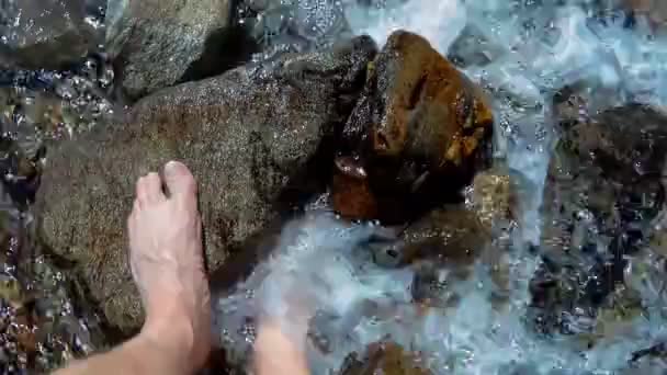 Ноги занурюються в невеликий альпійський струмок — стокове відео