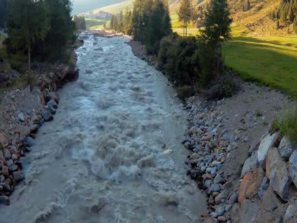 Flux glaciaire turbulent et impétueux se jetant dans le fond de la vallée — Video