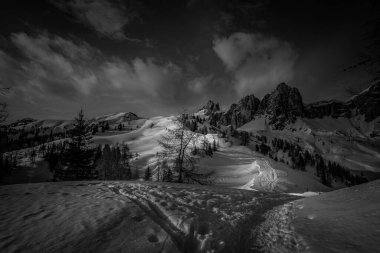 Karlı tepelere götüren insan izleriyle kardaki kara ve manzaralı yol.