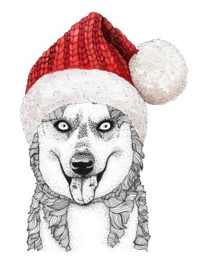 Noel tebrik kartı örülmüş kırmızı şapkalı, kışın köpekli..