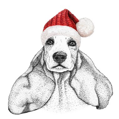 Noel tebrik kartı ve örgü kırmızı şapkalı mutlu bir köpek..