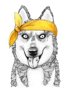 İri yapılı köpek kafası çizilmiş. Sarı bandanalı köpek, izole.