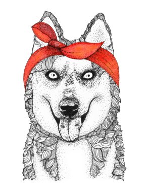 İri yapılı köpek kafası çizilmiş. Kırmızı bandanalı köpek, izole edilmiş.