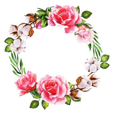 Çelenkler, çiçek çerçeveleri, suluboya çiçekler güller, el boyaması resimler. Tebrik kartı tasarımı için beyaza izole edilmiş.