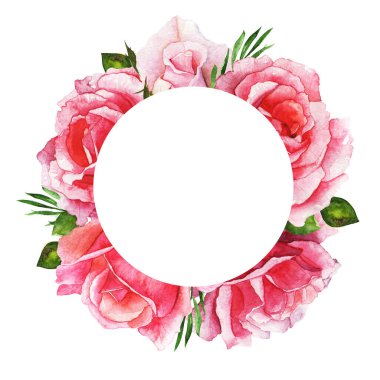 Çelenkler, çiçek çerçeveleri, suluboya çiçekler güller, el boyaması resimler. Tebrik kartı tasarımı için beyaza izole edilmiş.