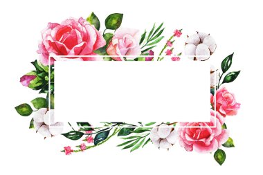 Çelenkler, çiçek çerçeveleri, suluboya çiçekler güller, el boyaması resimler. Tebrik kartı tasarımı için beyaza izole edilmiş.