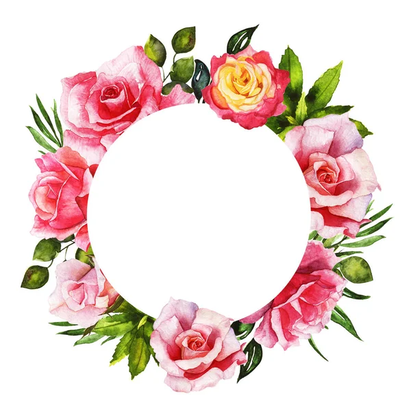 Koszorúk Virágkeretek Akvarell Rózsák Illusztráció Kézzel Festett Elkülönítve Fehér Üdvözlőkártya — Stock Fotó