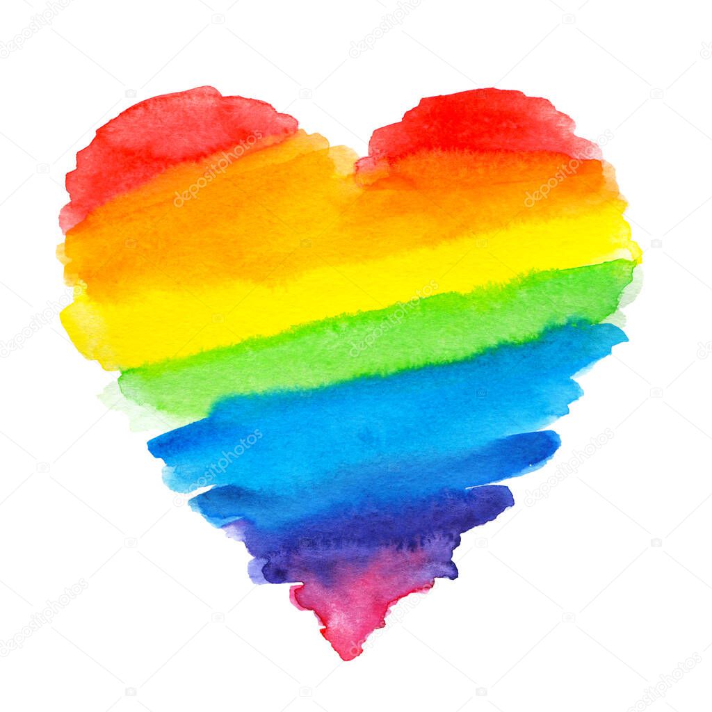 Watercolor textured rainbow heart on white isolated background.