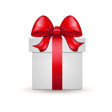 Kırmızı kurdeleli ve parlak fiyonklu hediye kutusu. İzole edilmiş beyaz arkaplanda vektör illüstrasyonu.