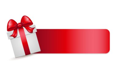 Mesaj ve parlak fiyonk için kırmızı kurdeleli hediye kutusu. İzole edilmiş beyaz arkaplanda vektör illüstrasyonu.