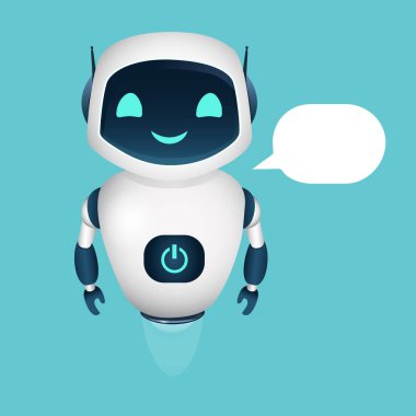 Robot sohbet robotu konuşuyor ve baloncukla gülümsüyor. Vektör İllüstrasyonu.