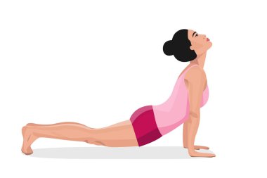 Yoga yapan ve esneme hareketleri yapan bir kadın. kadın karakter izole edilmiş düz vektör çizimi