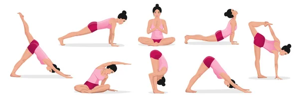 Ensemble Femme Exerçant Des Poses Entraînement Yoga Sur Fond Blanc — Image vectorielle