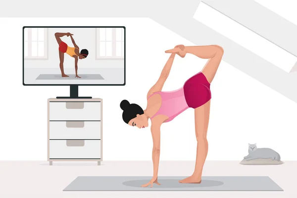 妇女观看并重复瑜伽教育 在网上通过电视与教师一起练习在家里做伸展运动 — 图库矢量图片#