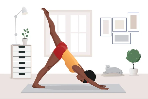 非洲裔美国女人做瑜伽练习 在瑜伽工作室或家里练习在垫子上伸展身体 矢量说明 — 图库矢量图片#
