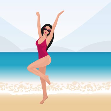 Mutlu kız sahilde rahatlıyor ve zıplıyor. Yaz Denizi Tatil Vektörü İllüstrasyonundaki Seksi Kadın Keyifli.