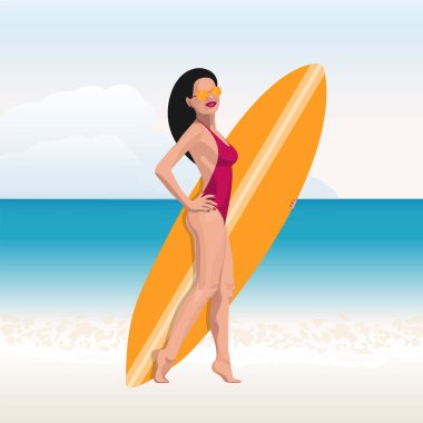 Sörf tahtası ile sahilde rahatlayan mutlu sörfçü kız. Yaz Denizi Tatil Vektörü İllüstrasyonundaki Seksi Kadın Keyifli.
