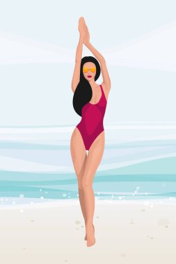 Mutlu kız sahilde rahatlıyor ve poz veriyor. Yaz Okyanusu 'ndaki Seksi Kadın Tatil Vektörü İllüstrasyonundan Hoşlanıyor.