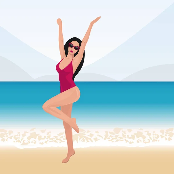 Chica Feliz Relajarse Playa Saltar Disfrutando Una Mujer Sexy Vacaciones — Vector de stock