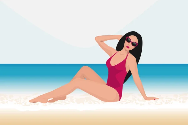 快乐的女孩躺在沙滩上休息 享受性感女子的夏日海上度假病媒示范 — 图库矢量图片