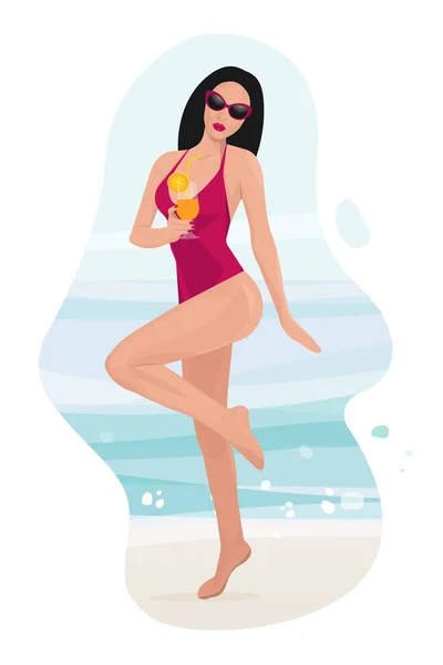 Chica Relajante Playa Con Cóctel Disfrutando Una Mujer Sexy Vacaciones — Vector de stock