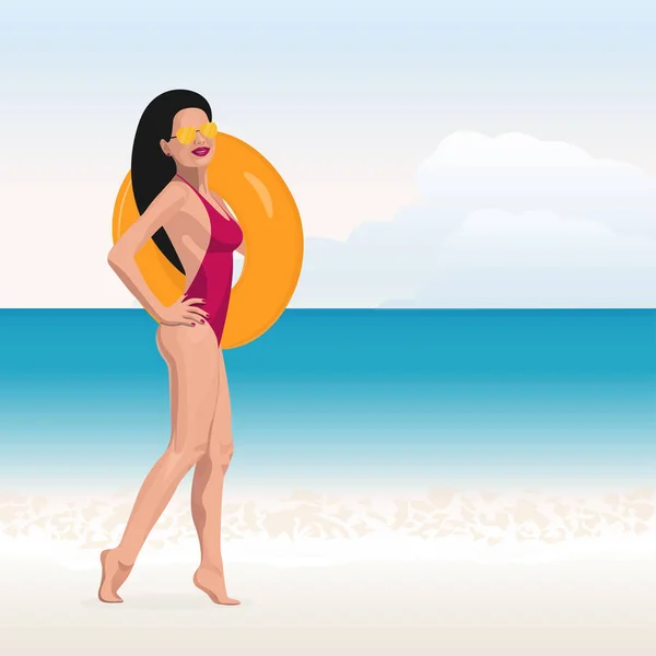 穿着泳衣的女人在比基尼 放松海滩 享受性感女孩 暑期海上度假病媒示范 — 图库矢量图片