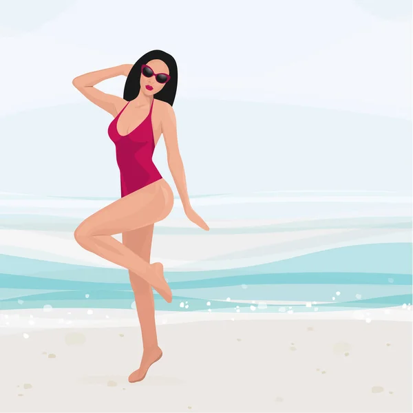 Chica Sonriente Relajándose Playa Posando Disfrutando Una Mujer Sexy Vacaciones — Vector de stock