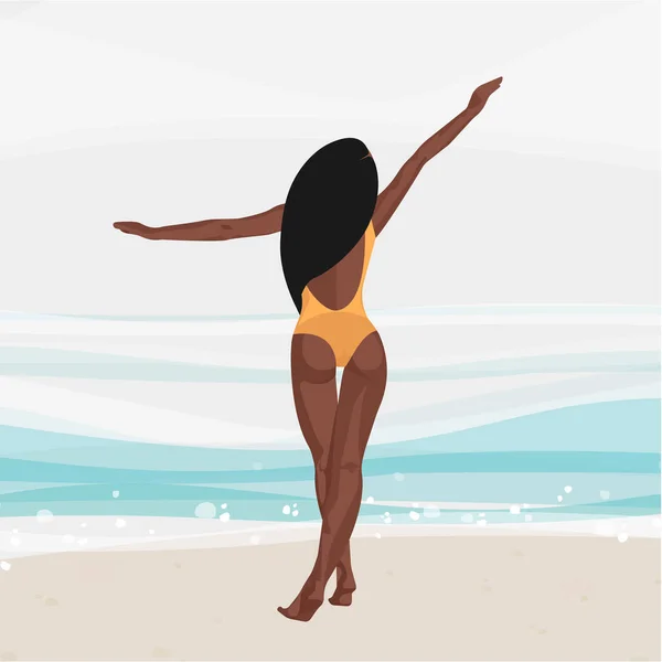 Mujer Negra Vuelta Traje Baño Playa Arena Mirada Mar Bikini — Vector de stock