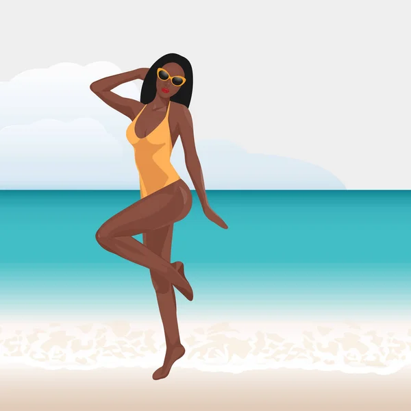 黑色微笑的女孩在海滩上放松 摆姿势 享受性感女子的夏日海洋度假病媒示范 — 图库矢量图片