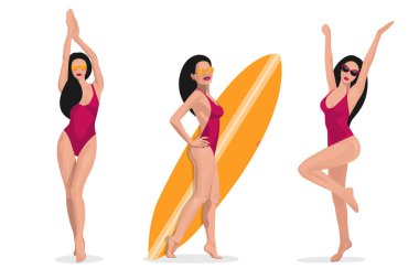 Sörfçü kızları sahilde dinlendirirdi. Sörf tahtası olan seksi kadın izole edilmiş tatil vektörü illüstrasyonu