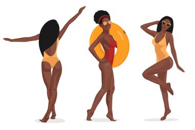 Siyah kızları sahilde daireler çizerek rahatlat. Yaz Denizi 'ndeki seksi kadın koleksiyonu. İzole edilmiş tatil vektörü çizimi..