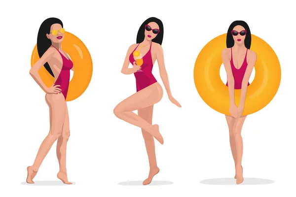 Conjunto Chicas Relajándose Playa Con Círculo Colección Sexy Mujer Verano — Vector de stock