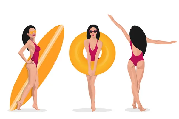 让冲浪女孩们在海滩上放松一下 收集性感女子与冲浪板隔离假期病媒说明 — 图库矢量图片