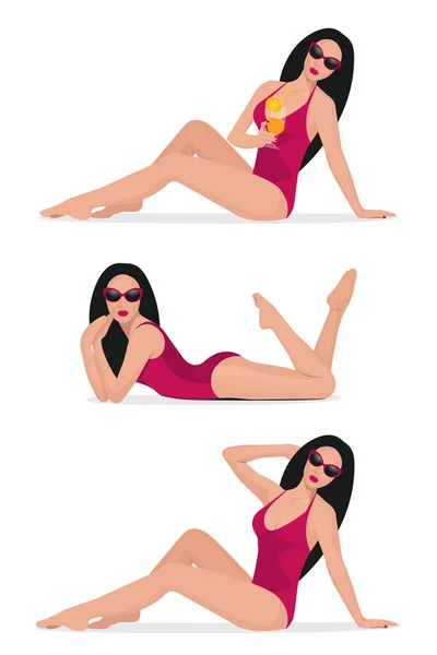 Set Chicas Relajándose Playa Colección Sexy Mujer Verano Mar Aislado — Vector de stock