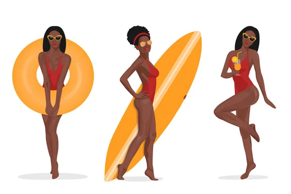 Conjunto Negro Surfing Niñas Relajarse Playa Colección Mujer Sexy Con — Vector de stock