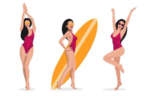 Definir Meninas Surf Relaxante Praia Coleção Mulher Sexy Com Prancha — Vetor de Stock