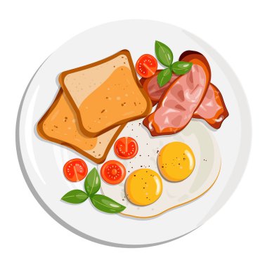 Yumurtalı İngiliz kahvaltısı, Beckett parçaları, zaman parmakları ve Tosts. Vektör illüstrasyonu beyaz arkaplanda izole edildi.