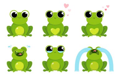 Set funny frogs with different emotions: laughs, cries, loves. Isolated on white background. Vector illustration