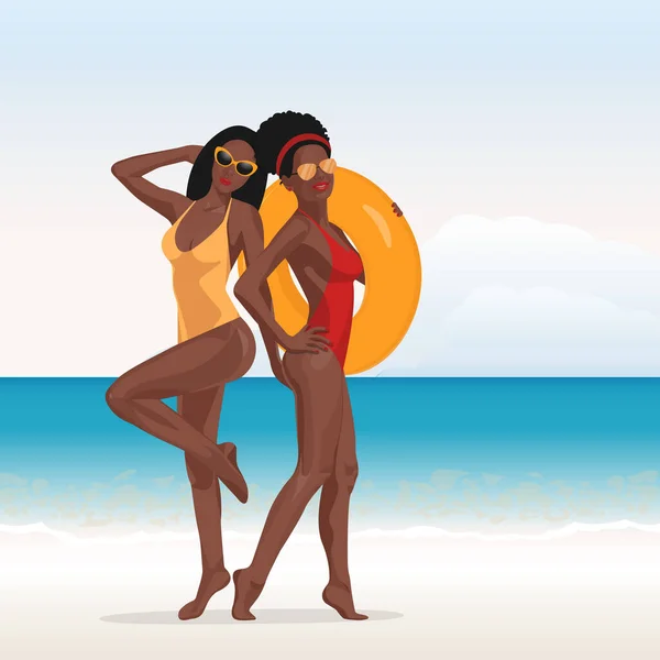 喜欢冲浪的女孩们在海滩上放松一下 享受性感女性在暑假假期中的乐趣病媒说明 — 图库矢量图片