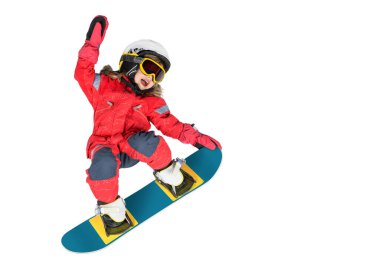 Beyaz arka planda gölgede izole edilmiş küçük bir snowboard kızı..