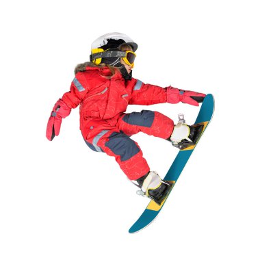 Küçük snowboardcu kız beyazda tek başına zıplıyor.